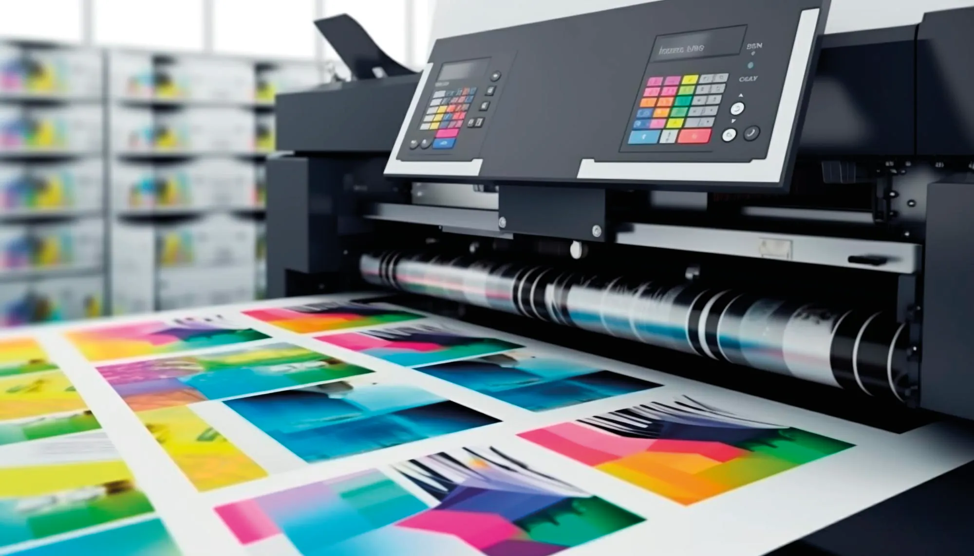 Impresora de gran formato imprimiendo pruebas de color